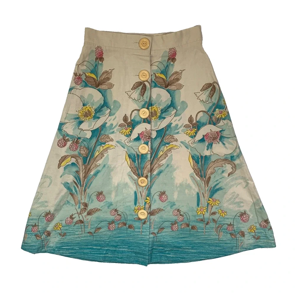 Vintage Floral Full Button Front Midi Skirt XS Blue Ivory Parisian Botanical - Picture 1 of 9